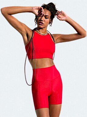 Beach Riot workout set red ribbed Azalea top and high rise biker shorts W's S
